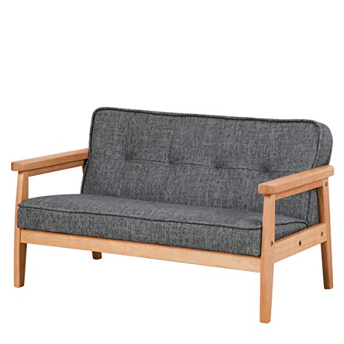 Yoonnie room Double Seater Kid Sofa Chair, Kid Couch with Solid Wood Arm and Linen Pattern PVC for Kids Rest (Dark Grey)