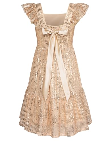 GRACE KARIN Girls Sequin Dress Flutter Sleeve A-Line Tie Back Sparkly Formal Party Dress for Girl 5-12Y