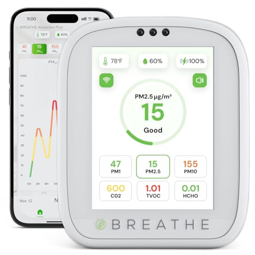 Image of BREATHE Airmonitor Plus Indoor Air Quality Monitor w /CO₂, PM & App. Gen 2. | Professional-Grade NDIR Sensor, PM1, PM10, TVOC, Formaldehyde, Smart Alerts, 90-Day History, CSV Export. 6 Hour Battery Life.