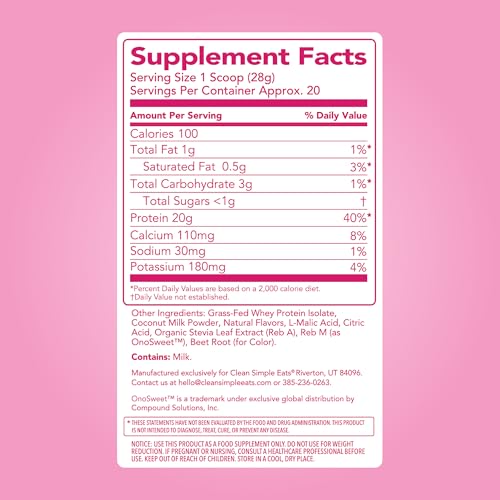 Image of Clean Simple Eats Clear Protein Drinks, 20g Grass Fed Whey Protein Isolate, Ultra Filtered, Light & Refreshing Beverage, Low Lactose, Pink Burst Flavor, 20 Servings
