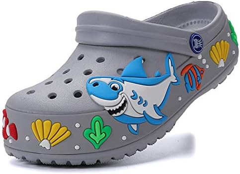 Kids Girls Boys Garden Clogs Water Shoes Cartoon Comfort Summer Funny Shark Aquarium Animal Designed Charm Lightweight Pool Beach Slip On Sandals Shower Slides Non-Slip Walking Slippers Grey 31