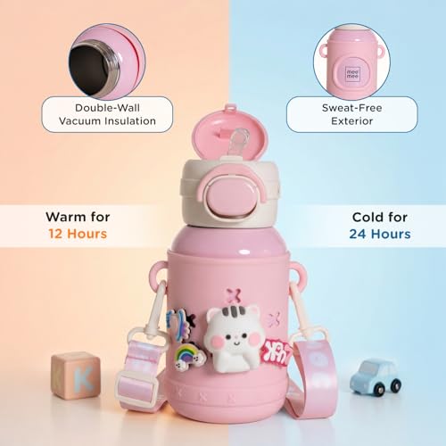 Image of Mee Mee Kiddo Kids Vacuum Insulated Water Bottle 550ml | SUS316L Stainless Steel | 3-in-1 Straw, Sip & Cup | Leakproof, BPA-Free | 24H Cold & 12H Hot | School Bottle with Strap