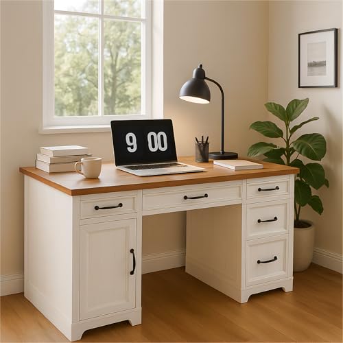 58' Farmhouse Executive Desk with Drawers, Rustic Computer Writing Desk, Wood Home Office Desk...