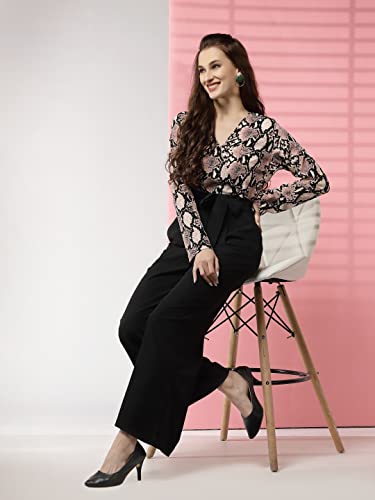 Image of LONDON BELLY Women's Polyester Semi-Formal Jumpsuit with Round Neck Half Sleeves Adjustable Waist Tie Abstract Pattern and Regular Fit | Women Stylish One Piece Outfit | Women Regular Fit Jumpsuit