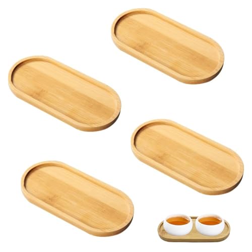 Bambus Tablett Klein, 4 Stück Ovale Holztablett Kleines, Holz Servierplatte, Holz Oval Holztabletts, Bambustablett Klein für Untersetzer Tee Kaffee Kuchen