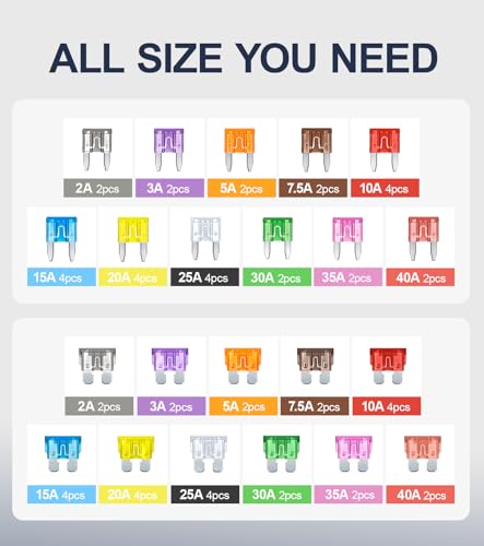 JOREST 60Pcs Car Fuse Assortment Kit - Replacement for Car/RV/Truck/Motorcycle(2Amp 3A 5A 7.5A 10A 15A 20A 25A 30A 35A 40A) - 30 Mini Blade Fuses Automotive + 30 Standard Auto Fuses + Fuse Puller