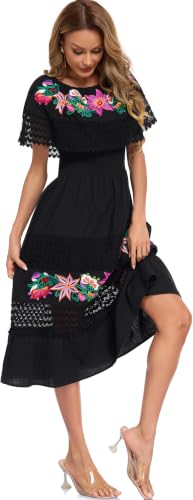 Image of YZXDORWJ Women Embroidered Mexican Peasant Casual Sexy Lace Off-Shoulder Long Dress