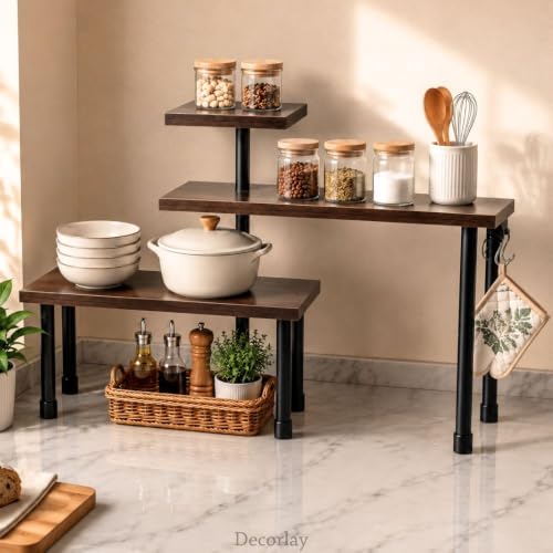 Image of Decorlay 3 Tier Corner Shelf Organizer Rack, Engineered Wood Kitchen Storage Stand for Spice Jars, Oil Bottles, Staircase Rack