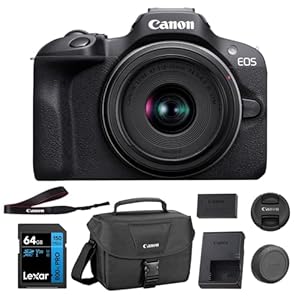 Canon EOS R100 Mirrorless Camera with RF-S18-45mm F4.5-6.3 IS STM Lens Kit, 24.1 Megapixel CMOS (APS-C) Sensor, 4K Video, RF Mount | Black Bundled with 64GB Memory Card & Camera Shoulder Bag (3 Items)