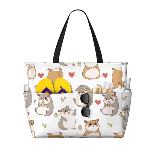 Love Cartoon Cute Hamster Large Beach Bag Waterproof Sandproof Swim Tote Pool Bag For Women With Zipper