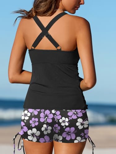 Image of Summer Mae Tankini Swimsuits for Women 2026 Bathing Suits Top Ruched Two Piece Tummy Control V-Wire Modest Swim Suits | Modest Bathing Suit, Flattering Swim Suit, Swimsuit with Adjustable Strap, Tankini with Shorts, Boy Shorts with Sporty Pocket