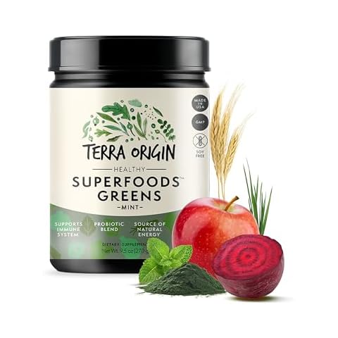 TERRA ORIGIN Superfoods Greens for Immune Defense and Digestive Support | with Spirulina, Probiotics, Organic Vegetables, Digestive Enzymes | Non-GMO | 30 Servings | Mint Flavor Cover