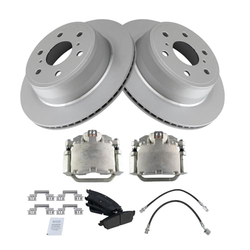 Image of TRQ Rear Brake Pad and Rotor Set Semi Metallic Coated Rotors Calipers Compatible with 2007-2013 Chevrolet Silverado 1500 GMC Sierra 1500