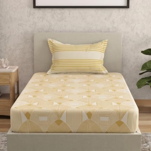 Image of Huesland by Ahmedabad Cotton 144 TC Bedsheet for Single Bed with 1 Pillow Cover | Mustard Yellow & Dark Cream