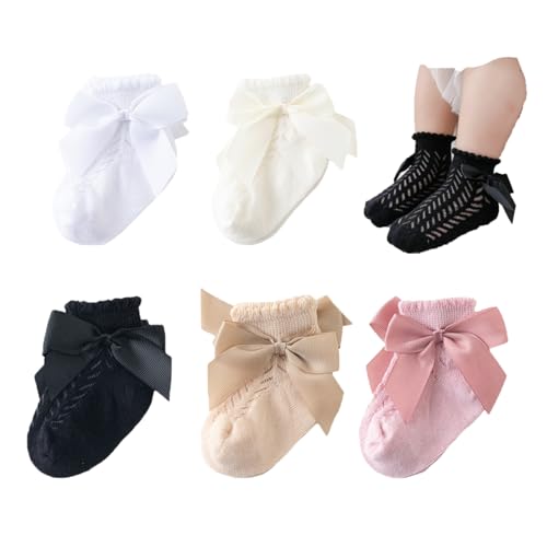 Baby Girls' Socks - Toddler Ankle Socks, Infant Princess Bow Mesh, Breathable Casual Lace, 5 Pairs