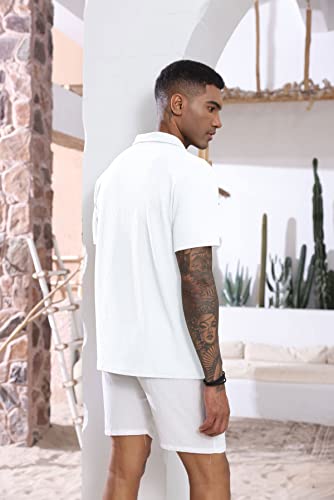 Yawyews Men's Casual Zipper Polo Shirts V Neck Short Sleeve Summer Slim Fit Turn-Down Collar Shirts White #TOP2