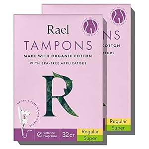 Rael Tampons, Plastic Applicator Made with Organic Cotton Core – Tampons Multipack, Regular and Super Absorbency, BPA-Free, Leak Locker Technology, Unscented, Chlorine Free (64 Count, Bundle)