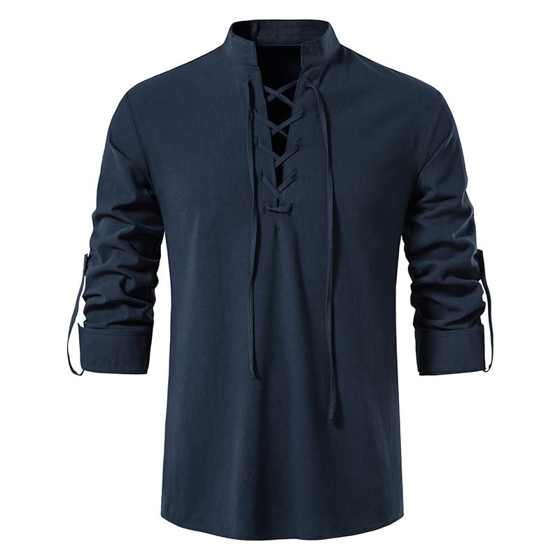VDDTAGAM Pirate Costume Men Mens Tops Casual Smart Men's Halloween Costume Green Shirt Henley Shirts for Men Men's Shirts Black Shirt Ruffle Shirt Men Medieval Tunic Mens Long Sleeve T(Navy,L) — image 1