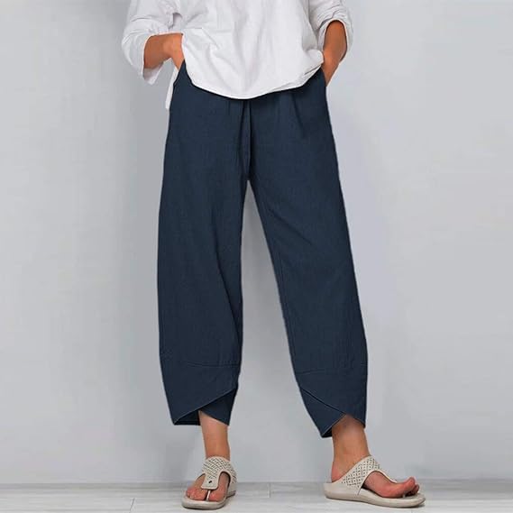 Womens Summer Cotton Linen Capri Pants Casual Comfy Baggy Palazzo Trouser with Pocket2