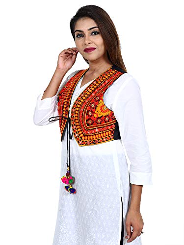 Image of Craft Trade Women's Cotton Embroidered Kutchi Jacket with Tassels Sleeveless Mirror Work