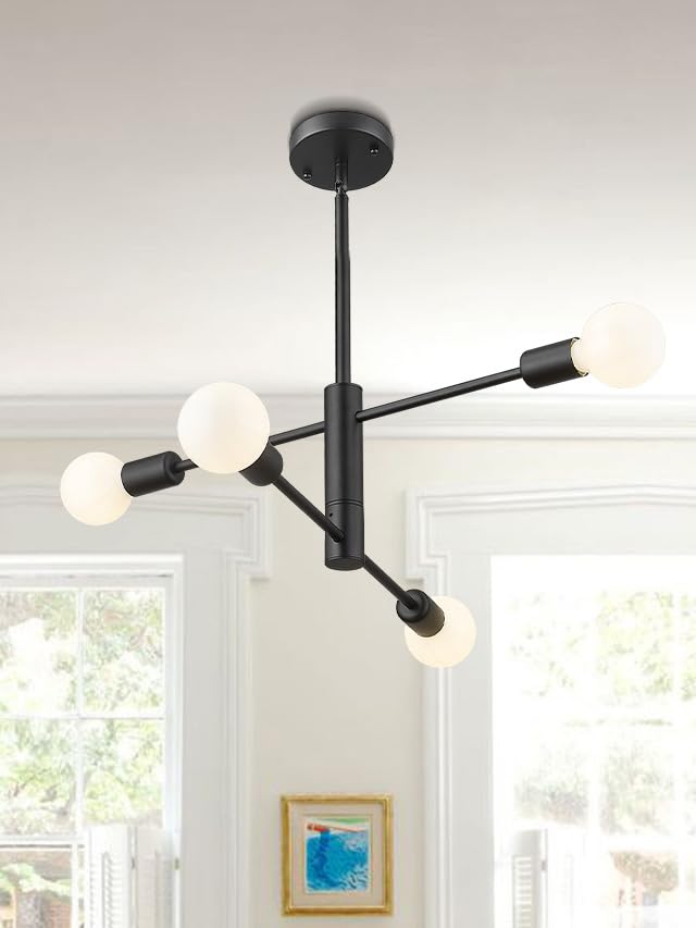 OFSLIGHTINGModern Sputnik Chandelier Adjustable 4-Light Industrial Ceiling Light Fixture Mid Century Semi Flush Mount Ceiling Light Fixture Farmhouse Pendant Lighting for Dining Room Bedroom Black