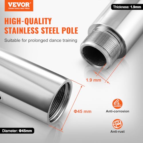 VEVOR Professional Dancing Pole, Spinning Static Dancing Pole Kit, Portable Removable Pole, 45mm Heavy-Duty Stainless Steel Pole, Height Adjustable Fitness Pole, for Exercise Home Club Gym, Silver by VEVOR - Image 2