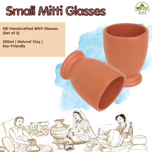 Image of KSI Earthen Clay Water Glass Set of 2 | 250 ml Small Mitti Drinking Glasses for Water Lassi Milk Coffee | Traditional Terracotta Drinkware | Reusable Kitchen Table Glass