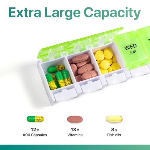 Image of Sukuos AM PM Weekly Pill Organizer 7 Day, 2 Times A Day Medicine Pill Box with Easy Push Button, BPA Free Vitamin Cases for Fish Oil /Supplements, Easy to Clean (Yellow&Green)
