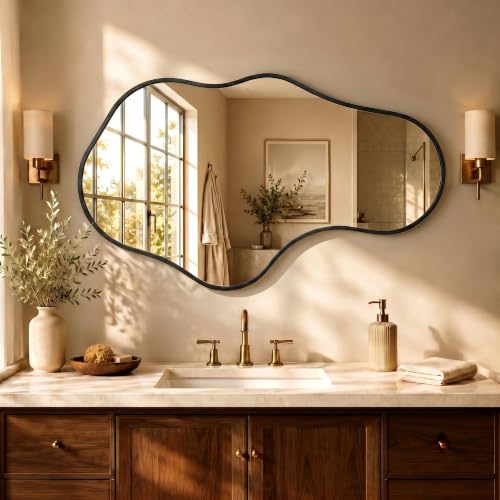 Image of Dorlicecass Irregular Wall Mirror - Wall Mirrors Decorative 22 inchx 36 inch Asymmetrical Abstract Mirror Aviation Aluminum Alloy Frame Unique for Bathroom, Bedroom, Living Room, Cloakroom, Entryway Black