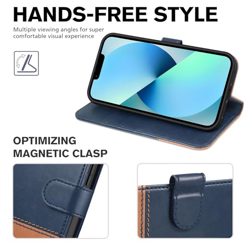 Image of TUCCH Wallet Case for iPhone 13 (6.1 inch) 2021, Flip Stand, Blue & Brown | RFID Blocking, 3 Card Holders, Kickstand, PU Leather, Shockproof TPU Shell, Magnetic Closure, Protective Folio Cover