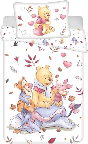 Parure de lit Enfant Disney Winnie l'ourson, Motif Tigrou, Porcinet et Bourriquet, Feuilles et cœurs. Housse de Couette 100 x 135 cm + taie d'oreiller 40 x 60 cm, 100%...