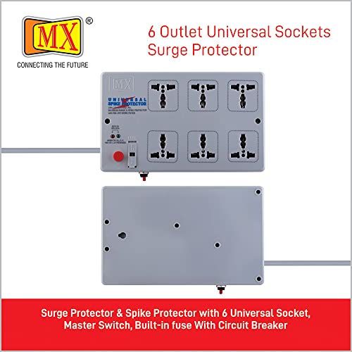 Image of MX Spike Protector Extension Board with 6 Universal Sockets 3 Meter Extension Cord 5 AMP Power Strip with Surge Protection and Master Switch for Home & Office Use