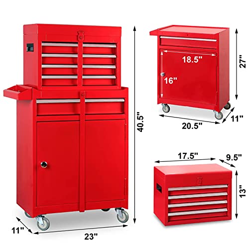 Road Dawg Torin Rolling Garage Workshop Organizer: Detachable 4 Drawer Tool Chest With Large Storage Cabinet And Adjustable Shelf, 20.3" L X 11" W X 40.4" H, Red #TOP1