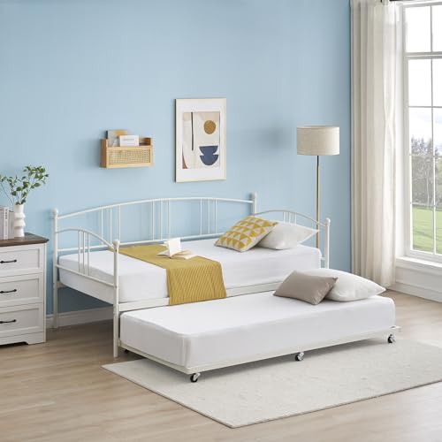 Image of Garvee Twin Daybed with Trundle, Sturdy Metal Day Bed with Arched Headboard and Steel Slat Support, Pullout Trundle with 6 Casters, Sofa Bed for Living Room Bedroom and Guest Room, White | Pullout Trundle, Six Smooth Casters, Space-Saving Design, Extra Sleeping Space, Easy Assembly, White