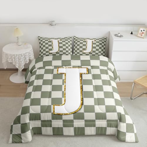 Image of Erosebridal Sage Green Checkered Kids Comforter Sets Plaid Initial J Full Bedding Set for Adults Personalized Monogram Comforter Set,Fashion Grids Gingham Quilt Duvet 3 Pcs