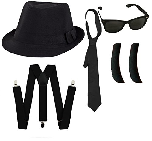 Blues Kit d'accessoires pour déguisement Chapeau Fedora noir de 60 cm + Lunettes noires avec verres noirs + Côtés noirs + Bandeaux noirs + Large cravate noire (chapeau de 60 cm)