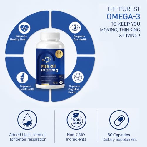 Image of Omega-3 Fish Oil 1000mg with EPA 180mg and DHA 120mg, Salmon Fish Oil Supplement for Heart Brain and Joint Health, High Purity Softgel Capsules for Daily Wellness Support, 60 Oval Capsules Pack of 1