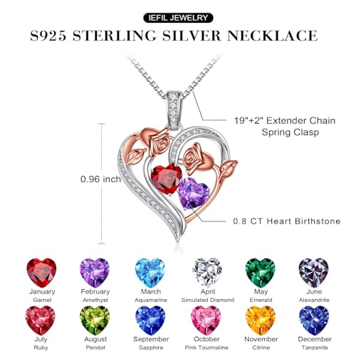 Iefil Birthstone Necklace for Women - 925 Sterling Silver Rose Heart Necklace, Birthstone Jewelry, Anniversary Birthday Gifts for Wife Girlfriend Mom Daughter4