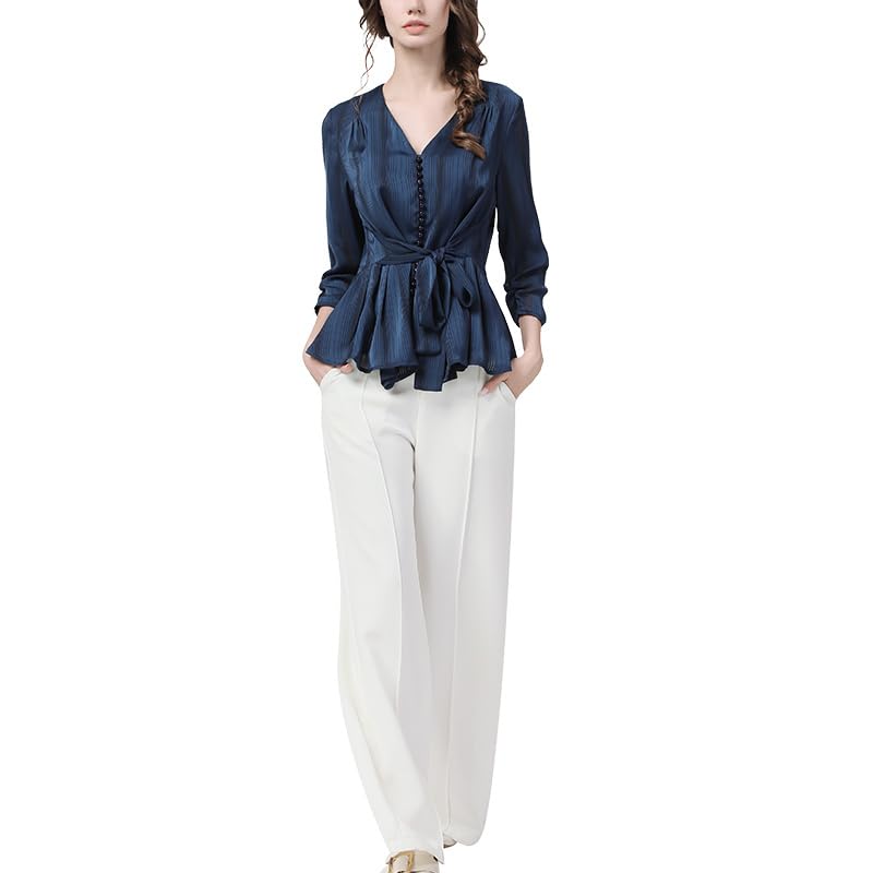 Blusas de Gasa a Rayas Azules para Mujer, Blusas Informales de Oficina con Cuello en V Ajustadas con Fajas y Mangas Tres Cuartos, Camisa (Negro XL)