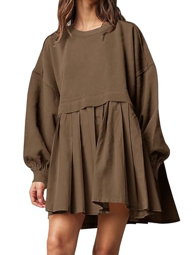 MUMUBELLA Women Oversized Sweatshirt Dress Crewneck Long Sleeve Loose Fit Tunic Dress Casual Dressy Pullover Tops, A-brown, M