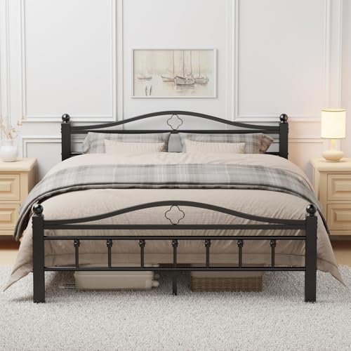 Slumber Haven Bed Frames Queen Size with Vintage Headboard & Footboard, 1500LBS Heavy Duty Queen Bed Frame No Box Spring Needed/Noise Free/Under-Bed Storage/Tool-Free Assembly/Black
