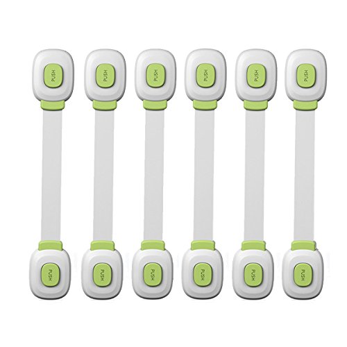 Baby Safety Locks | Child Proof Cabinets, Drawers, Appliances, Toilet Seat, Fridge and Oven | Tools Not Required | Uses 3M Adhesive with Adjustable Strap and Latch System (6-Pack)  (Green)