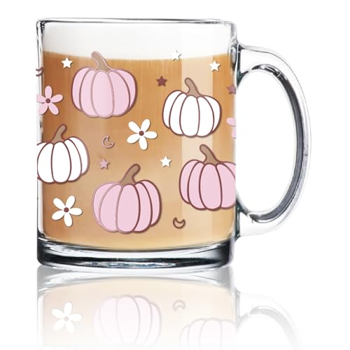 Whaline Fall Glass Coffee Mugs with Handle Pink White Pumpkin Sta...
