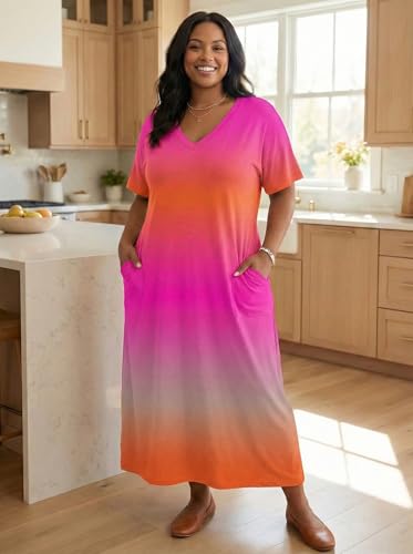 Image of SUZONANA Women Casual T-Shirt Dress V Neck Short Sleeve Solid Color Oversize Dress with Front Two Pockets