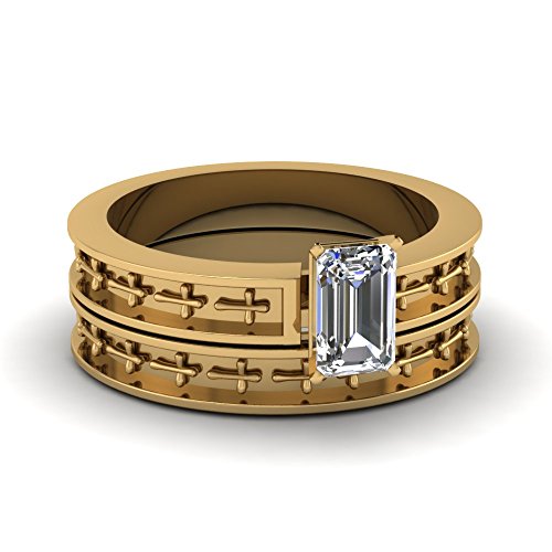 Ensembles d'anneaux de mariage gravés croix et solitaire vert émeraude