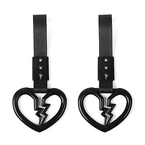 2 PCS Broken Heart Shaped Car Handle Straps Hang Ring Rear Bumper Warning Ring Decorative Subway Train Bus Handle Hand Strap Drift for Car (Black)