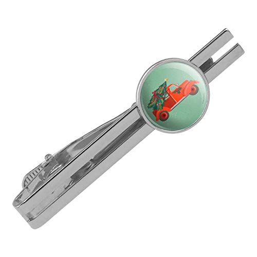 GRAPHICS & MORE Old Timey Christmas Red Truck and Tree Round Tie Bar Clip Clasp Tack Silver Color Plated