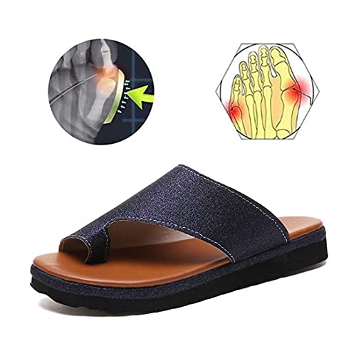 KOYLUZ Sandalen Damen Bequeme Plateausandale Orthesenschuhe PU-Leder Flache Sohle Big Toe Fußkorrektur Sandalen Orthopädische Bunion Corrector Die Für Familie Und Freunde,2 Blau,42 Cover