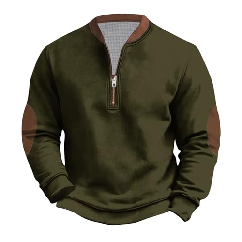 Men's Vintage Half Zip Pullover Shirts Tops Stylish Casual Long Sleeve Stand Collar Sweatshirts with Elbow Patches