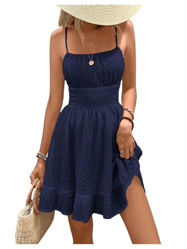 Milumia Women's Summer Square Neck Mini Dress Textured Shirred Backless A-Line Flared Beach Vacation Short Dresses